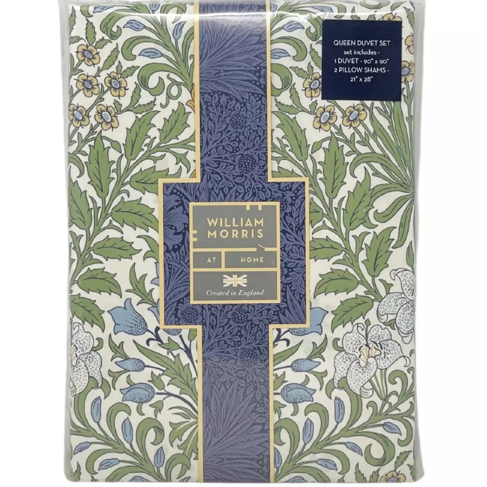 WILLIAM MORRIS England 3 PC QUEEN Floral Cotton Duvet Cover Set Garden Leaf NEW